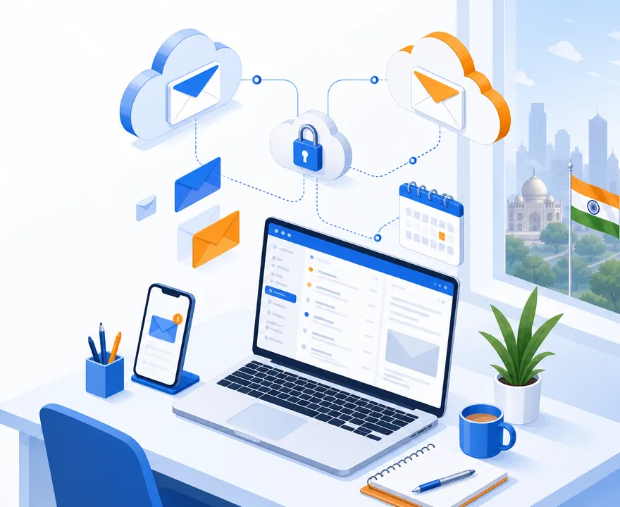 Business email on laptop and phone, secured in the cloud for an Indian office